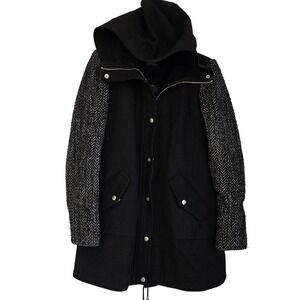 😀 Jessica Simpson Hooded Wool Blend Coat Black Herringbone‎ Sleeve Parka Jacket